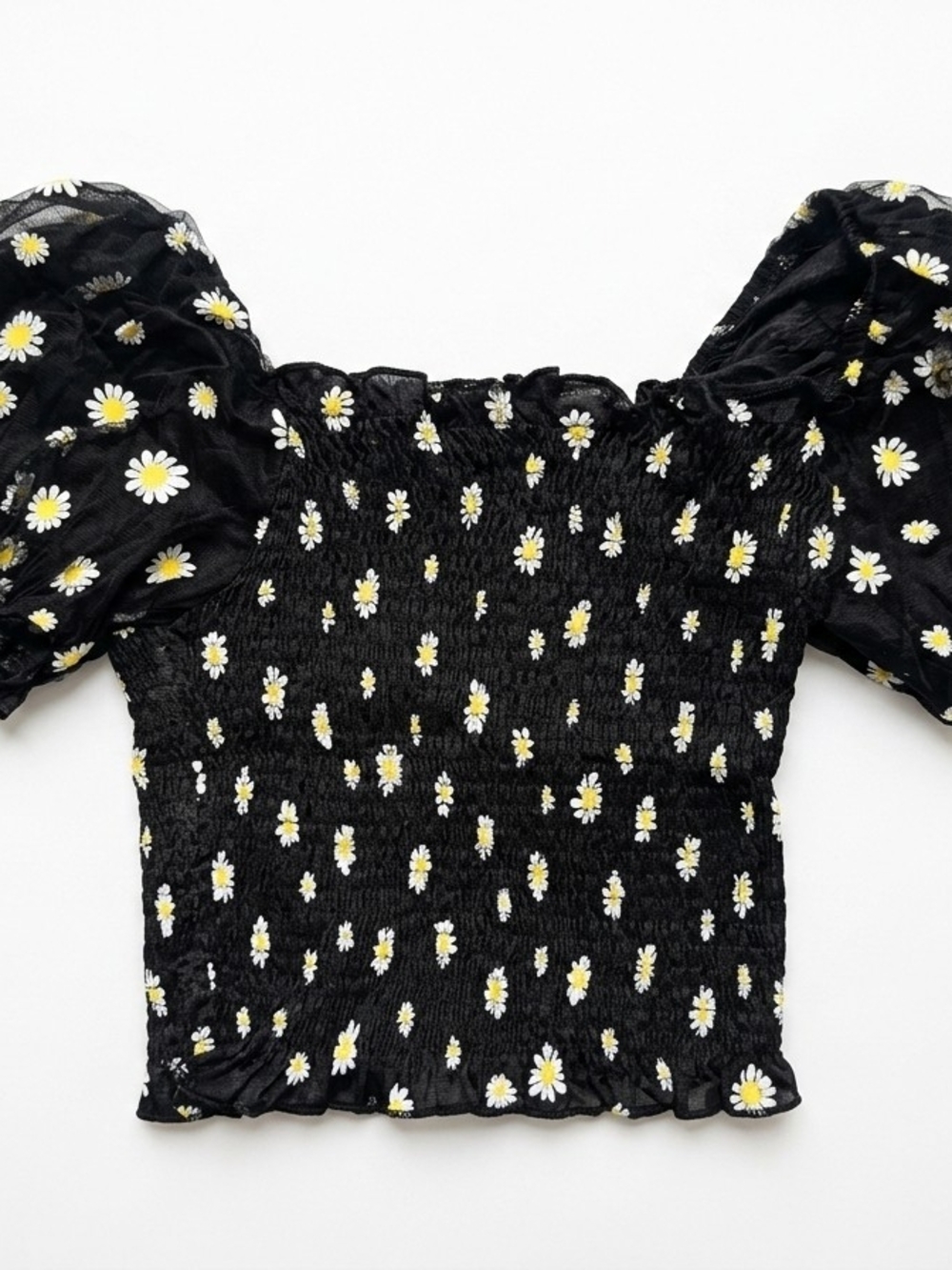 Black Daisy Smocked Puff-Sleeve Crop Top
